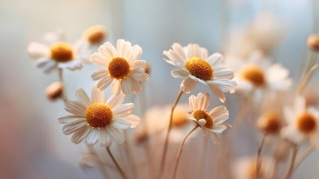 White daisies with yellow centers in a soft focus close-up. Concept Daisy Close-Up, Soft Focus Floral, White Daisies, Yellow-Centered Blooms, Macro Photography