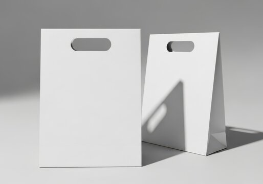 Two blank white paper shopping bags with cut-out handles sit on a light surface casting shadows.