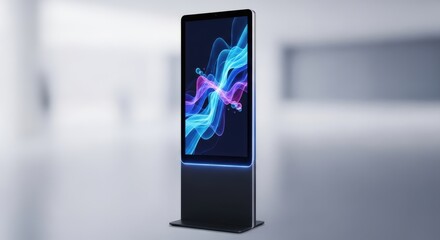 Modern digital totem display screen showing abstract blue and purple light patterns in a bright room