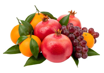 Vibrant Assortment of Fresh Fruits Including Ripe Pomegranates Oranges and Grapes with Green Leaves and Water Droplets on Transparent Background