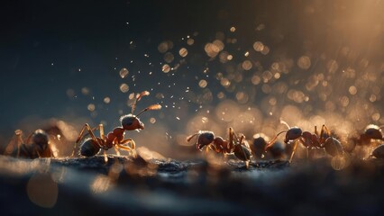 Macro shot of red ants marching across a dusty surface, bathed in warm backlight with sparkling bokeh droplets. Concept Macro Photography, Red Ants, Dusty Surface, Warm Backlight, Sparkling Droplets