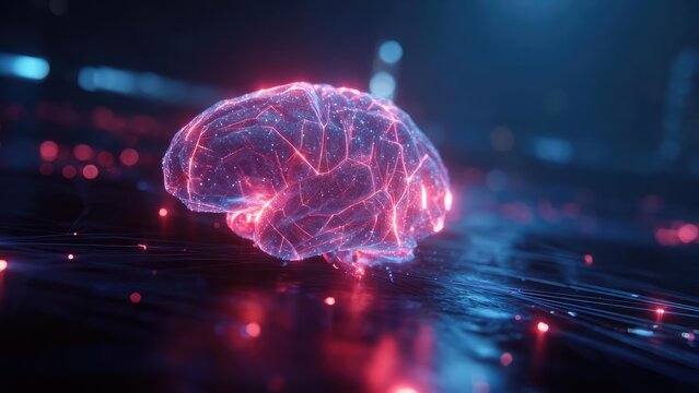 A glowing pink neon brain hologram formed by interconnected lines and nodes in a futuristic digital network scene. Concept Neon pink brain, Holographic neural network, Interconnected lines