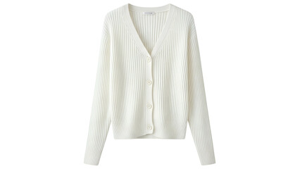 Off-white ribbed knit cardigan with a V-neck, long sleeves, and button closure