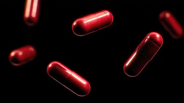 Several glossy red capsules floating in a dark background; a close-up shot of pills. Concept Macro shot of glossy red capsules in a dark background, Floating red capsules close-up