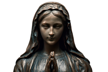 Serene bronze religious sculpture of a woman with clasped hands, symbolizing faith, devotion, and spiritual contemplation
