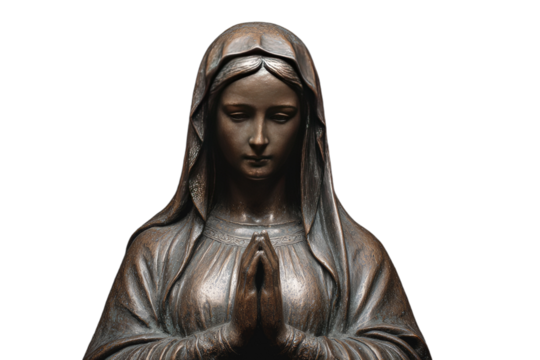 Serene bronze bust of the Blessed Mother Mary with hands clasped in a gesture of solemn prayer and devotion