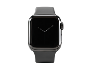 Sleek black smart watch with a minimalist analog dial on a dark screen, representing a modern wearable technology concept isolated on white