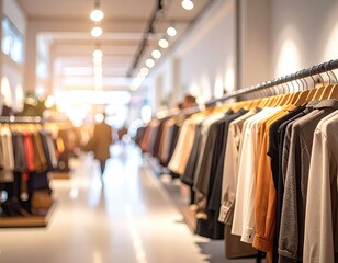 Apparel racks fill bright shop, blurred shopper walking away
