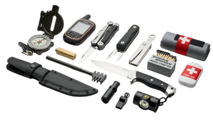 Survival kit assortment including navigation, cutting tools, fire starter, and first aid