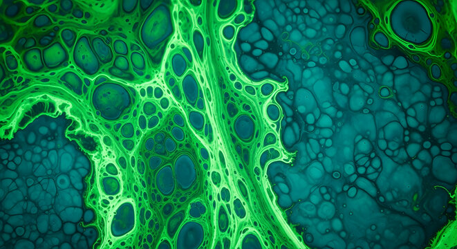 Abstract fluid art with green cell like structures on a teal and dark blue background