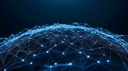 The image shows an abstract network of interconnected nodes and lines, creating a futuristic and technological feel with its deep blue color scheme against black background.