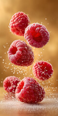 Whole raspberries mid-air, icy particles frozen in mist on moody golden backdrop