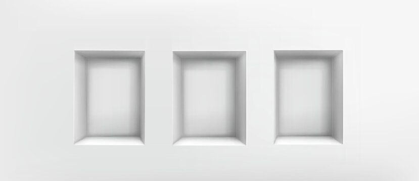 Wall niche with empty shelf display in modern white room interior. 3D rectangular frame design for product showcase and exhibition space. Clean realistic museum gallery mockup with perspective.