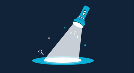 A flashlight shining a bright beam of light onto a dark surface representing concepts of search discovery investigation and finding information.