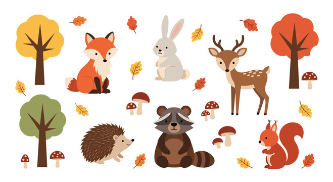 A charming collection of cute cartoon autumn forest animals including a fox deer raccoon and squirrel with colorful trees and mushrooms.