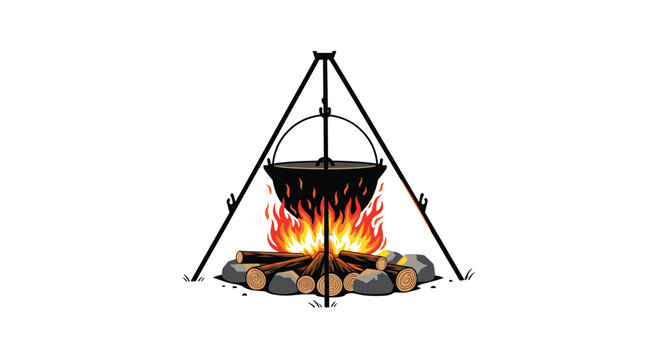 A black cauldron or cooking pot hanging on a tripod over a brightly burning campfire with logs and stones on a white background.