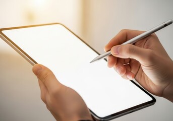 Person's hand holding a tablet and using a stylus for digital drawing or writing.
