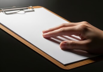 Hand gesturing towards empty clipboard paper for notes and ideas with dramatic lighting