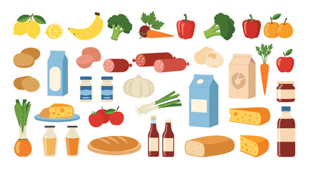 A large and diverse collection of cartoon grocery store food items including fresh produce dairy meat and pantry staples on white.