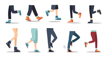 A collection of various cartoon legs in different poses and clothing illustrating the walk cycle for animation or character design.