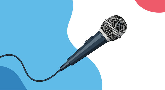 A professional dynamic microphone with a black cable set against an abstract background of white and blue organic shapes for audio.
