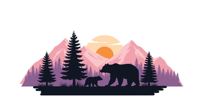 A silhouette of a mother bear and her cub walking through a pine forest with a beautiful mountain range and sun in the background.