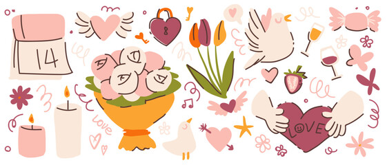 Groovy valentine day sticker collection with cute funky hearts and flowers, candles and love symbols in pink colors. Doodle elements of roses bouquet, calendar and lock, winged heart and strawberry.