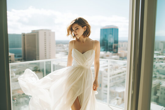 Stunning bride in flowing gown overlooking city skyline on wedding day, radiant happiness and urban elegance, perfect for bridal fashion or lifestyle ad