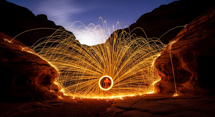 Steel wool photography creating light trails in a canyon with a person in the center circle