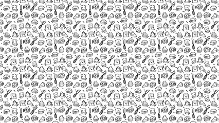 Seamless pattern of hand drawn bakery items on white background featuring cakes donuts and coffee cups