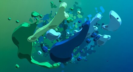 An abstract digital illustration with a dynamic composition of amorphous, colorful blobs and shapes in shades of green, cyan, and deep blue, floating against a smooth gradient background.