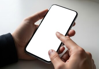 Close-up of hands holding and interacting with a smartphone with a blank white screen.