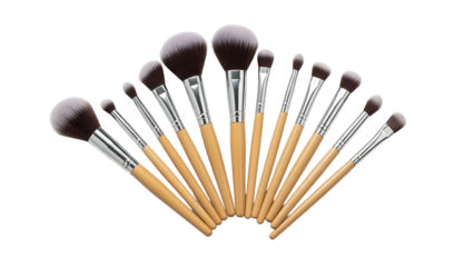 A fan of makeup brushes, arranged against a black background
