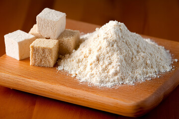 Yeast cubes and flour create a mixing scene for baking activities Generative AI