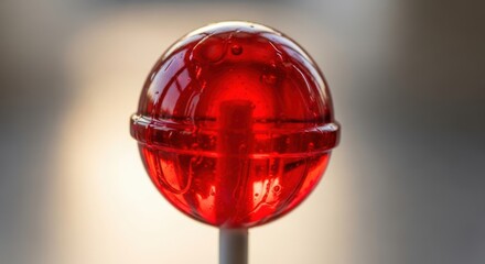 Close up of a bright red round lollipop with a glossy surface and blurred background