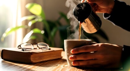 Steaming coffee being poured near a book and glasses on a wooden