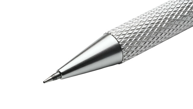 Close-up of a silver mechanical pencil against a stark black background