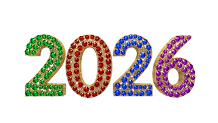 Golden numbers, jeweled with various colors, mark the year 2026 against a black backdrop