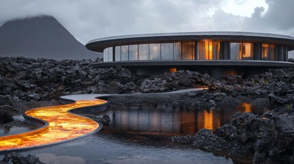 Modern architecture blends with volcanic landscape in an innovative design showcasing natural beauty and serenity