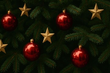 Festive christmas tree decorations with red ornaments and gold stars