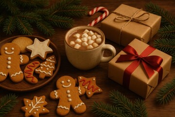 Cozy christmas scene with hot chocolate gingerbread cookies and gifts