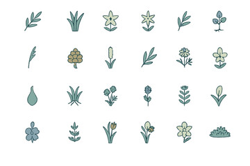 Fototapeta premium Minimal plant and flower icon set on teal‑green gradient background