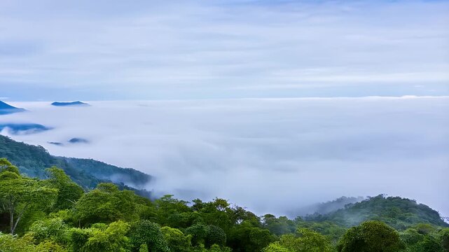Misty mountain landscape with green trees and clouds rolling in, vast expanse