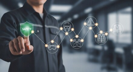 Workplace safety – Worker pointing at safety network of PPE icons representing proactive hazard control and improved workplace safety culture