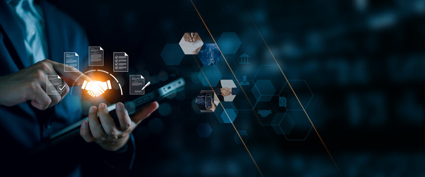 Businessman manage digital procurement process with business contract, invoice, approval documents checklist, representing sourcing, vendor management, supply chain.