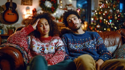 Tired couple on couch during Christmas, overwhelmed by holiday stress and rush, showing fatigue, tension and seasonal pressure