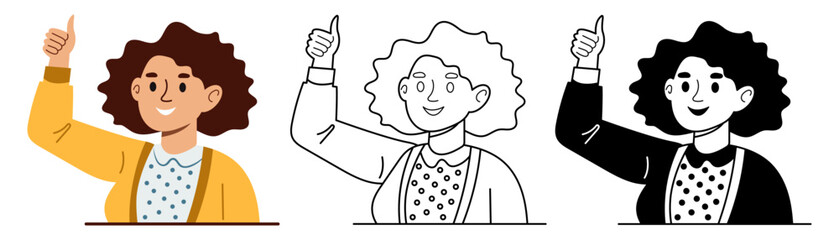 Smiling female character pointing up isolated flat vector illustration