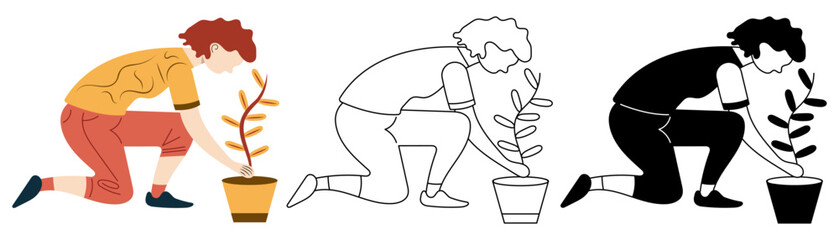 Cheerful young girl holding flower pot isolated flat vector illustration