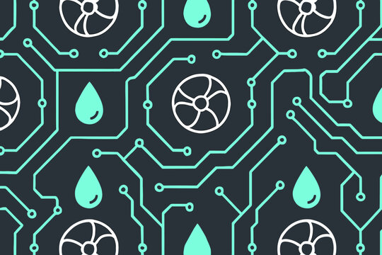 Seamless pattern with tech circuits, water drops, and fan icons