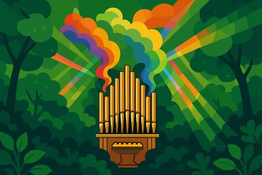 Golden pipe organ releasing colorful smoke in forest